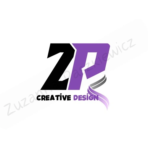 Duże Z oraz P. Z w kolorze czarnym natomiast P w kolorze fioletowym. Poniżej Z napis Creativ również w kolorze czarnym.Poniżej P napis Design w golorze fioletowym.